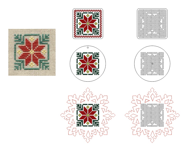 Laser Cut Wooden Cross Stitch Embroidery Blanks Snowflake Circle Square Ornament Free Vector