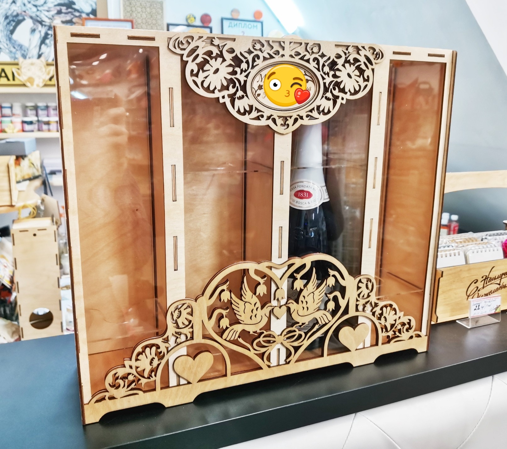 Laser Cut Two Bottle And Two Glass Wood Wine Box Free Vector