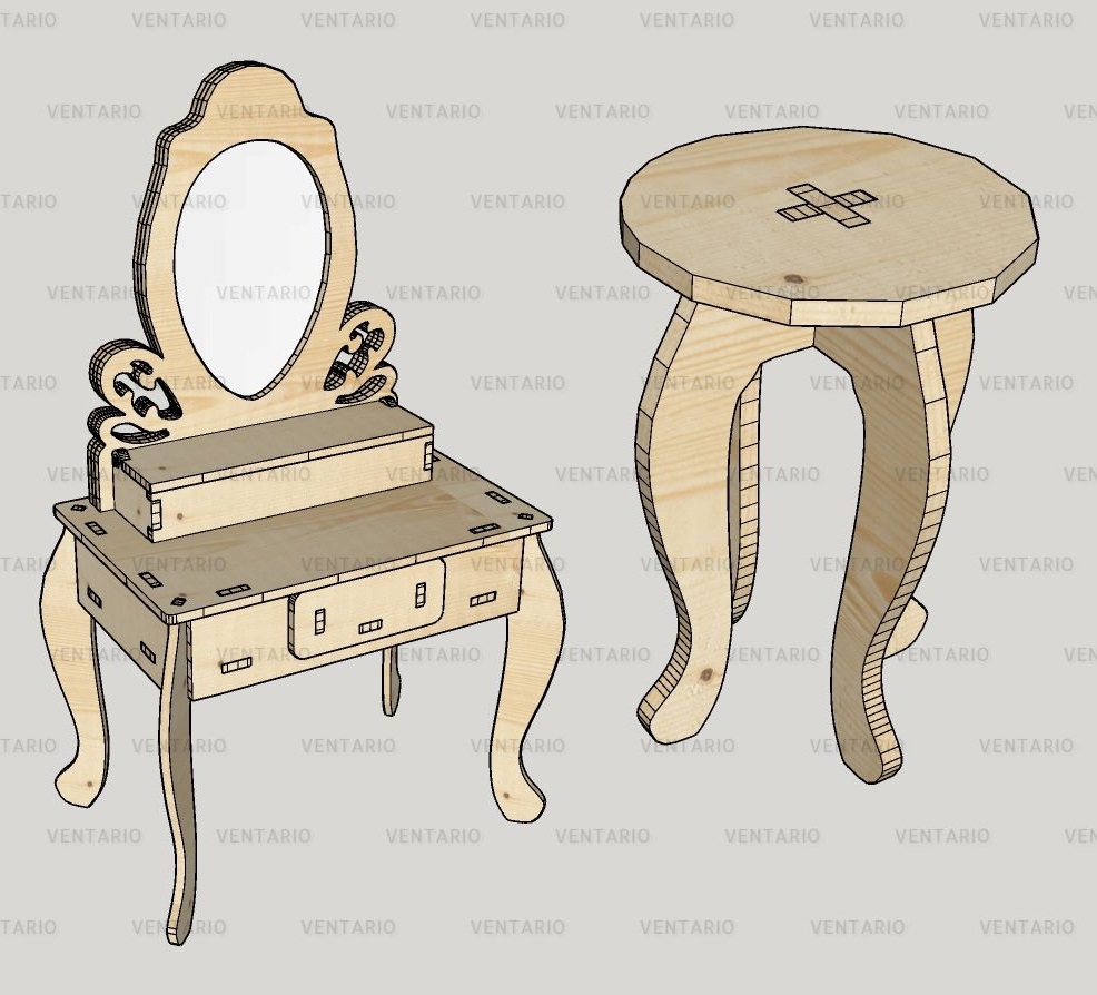 Laser Cut Dressing Table with Stool Kit Free Vector